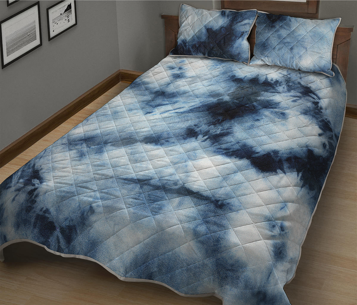 Blue And Black Acid Wash Tie Dye Print Quilt Bed Set