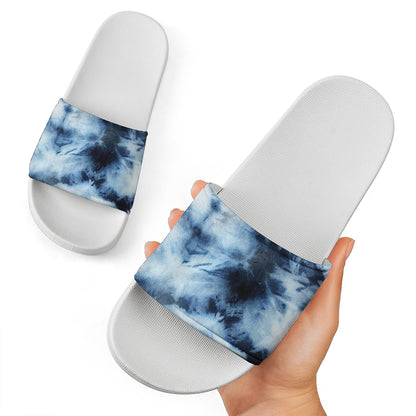 Blue And Black Acid Wash Tie Dye Print White Slide Sandals