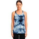 Blue And Black Acid Wash Tie Dye Print Women's Racerback Tank Top