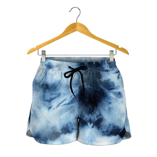 Blue And Black Acid Wash Tie Dye Print Women's Shorts