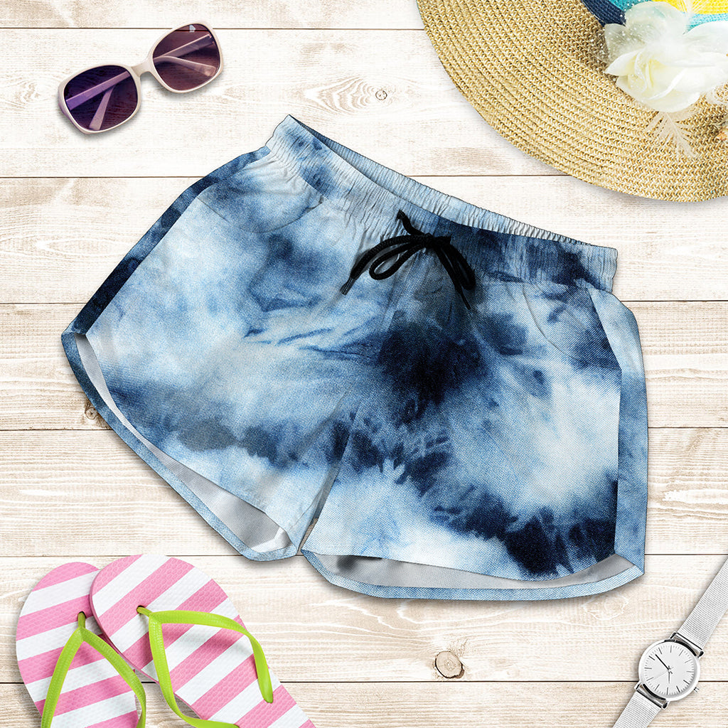 Blue And Black Acid Wash Tie Dye Print Women's Shorts