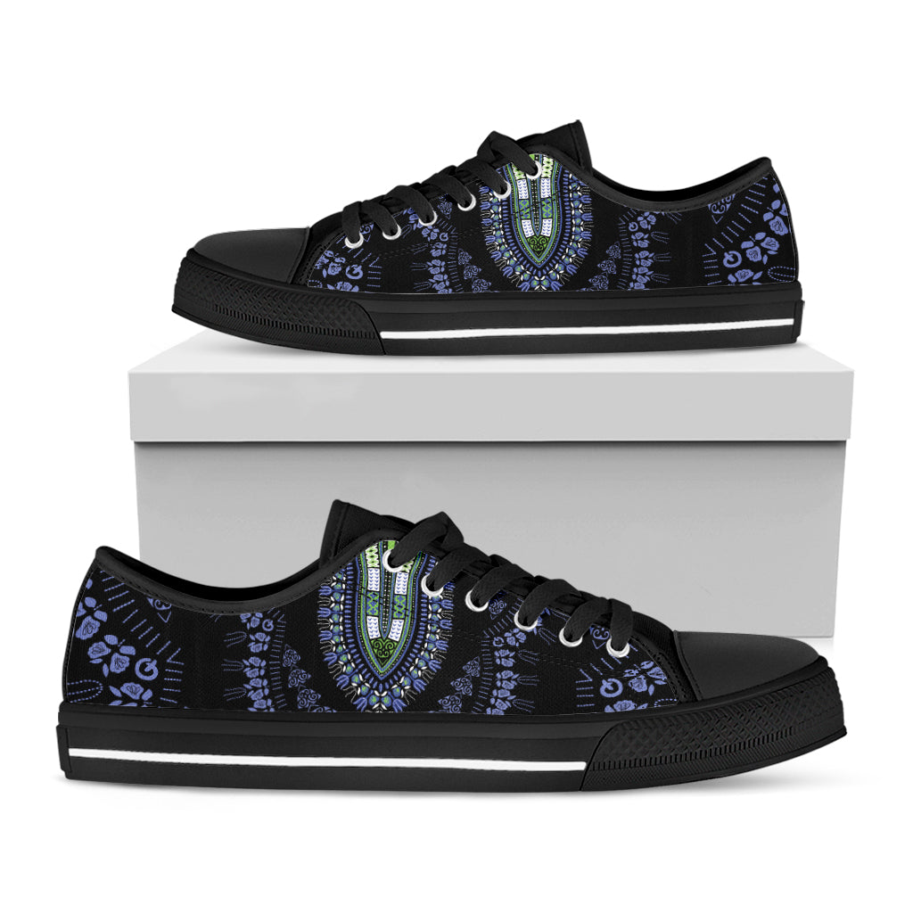 Blue And Black African Dashiki Print Black Low Top Shoes