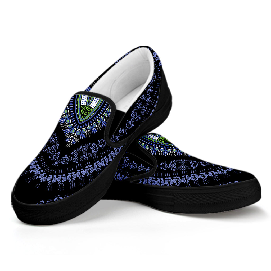 Blue And Black African Dashiki Print Black Slip On Shoes