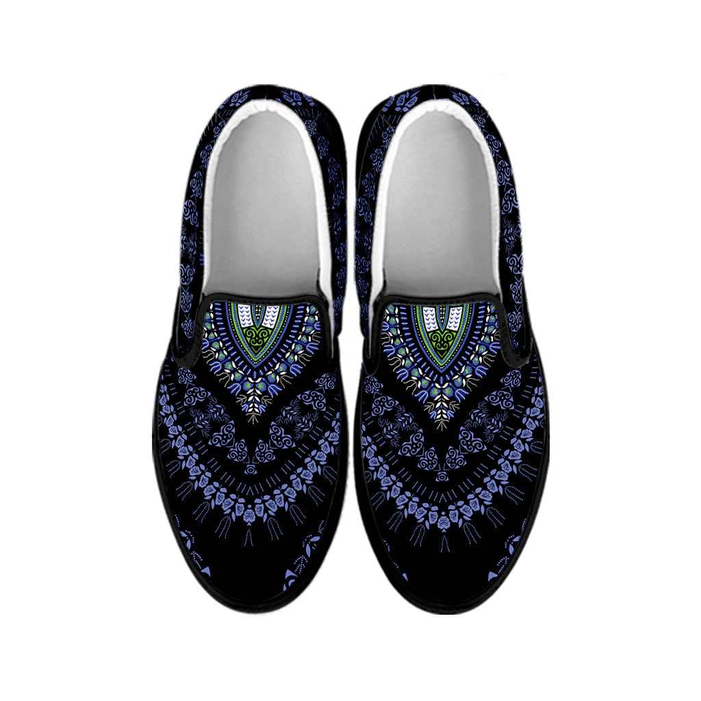 Blue And Black African Dashiki Print Black Slip On Shoes