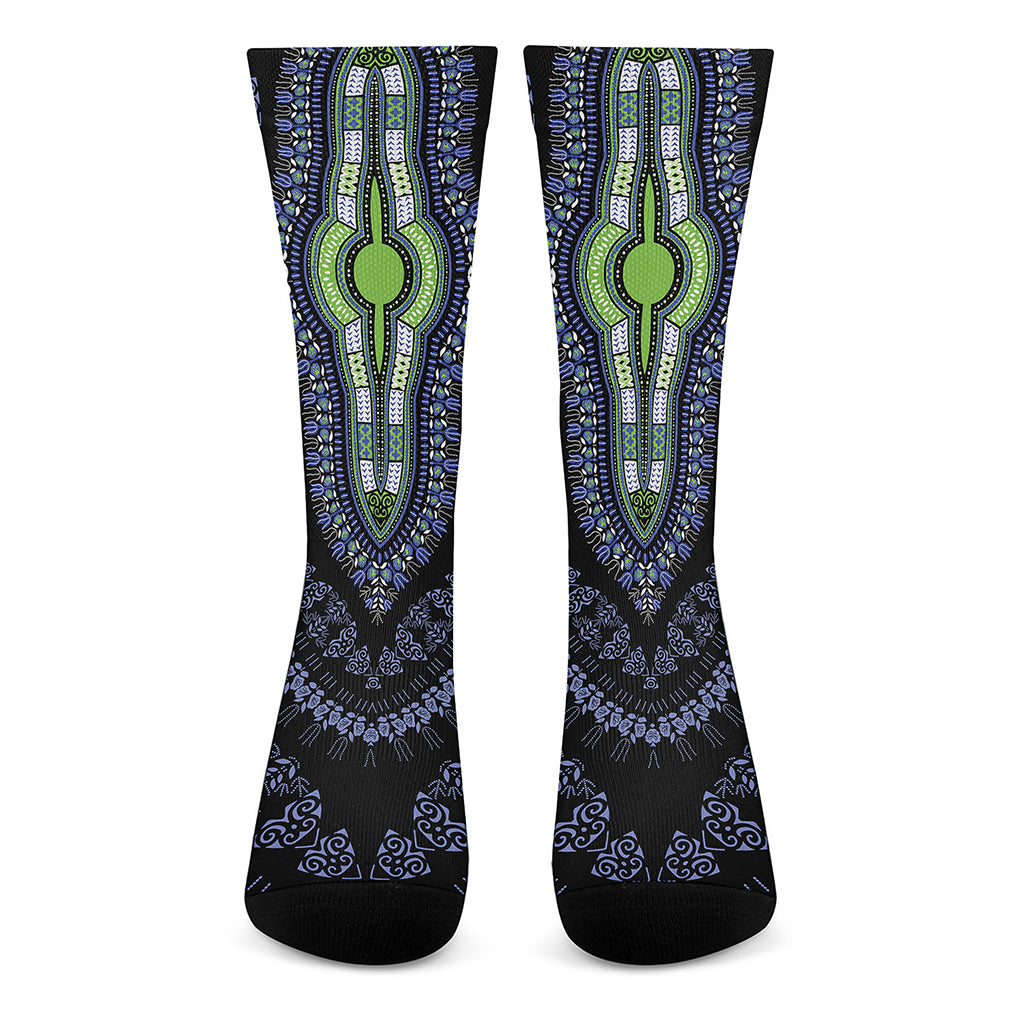 Blue And Black African Dashiki Print Crew Socks