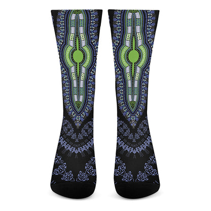 Blue And Black African Dashiki Print Crew Socks