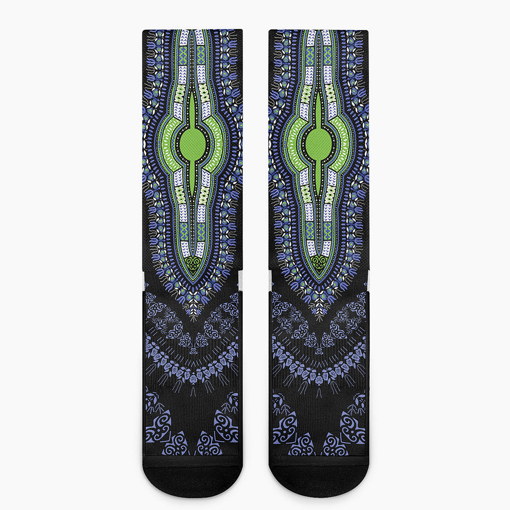 Blue And Black African Dashiki Print Crew Socks