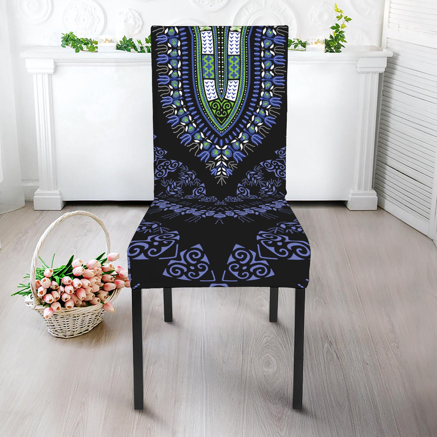 Blue And Black African Dashiki Print Dining Chair Slipcover