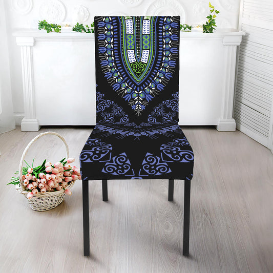 Blue And Black African Dashiki Print Dining Chair Slipcover