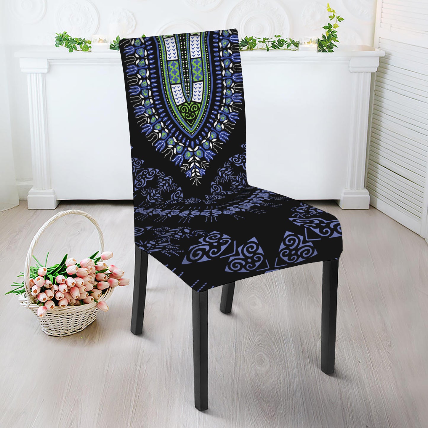 Blue And Black African Dashiki Print Dining Chair Slipcover
