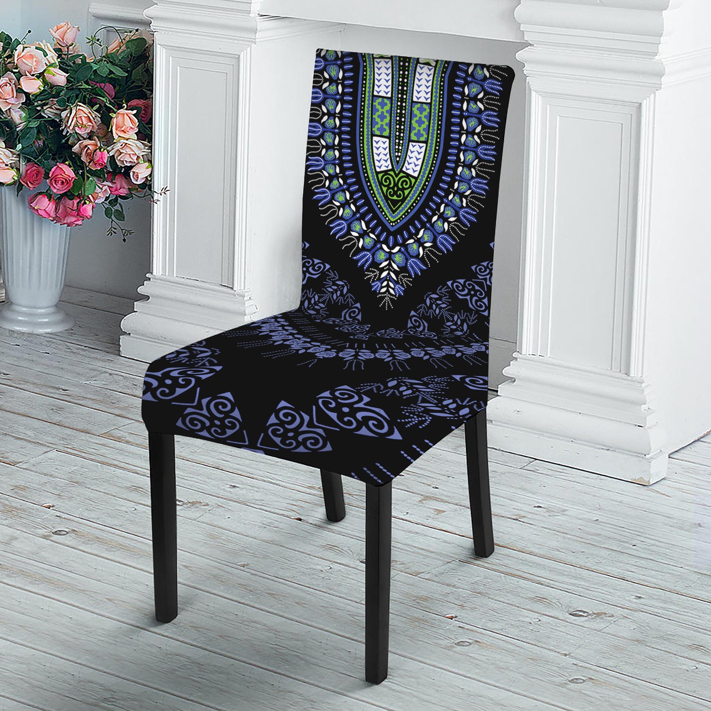 Blue And Black African Dashiki Print Dining Chair Slipcover