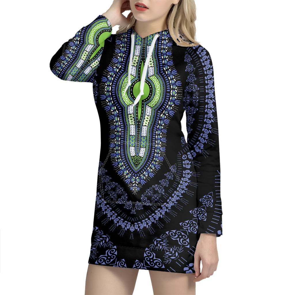 Blue And Black African Dashiki Print Hoodie Dress