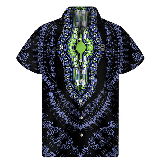 Blue And Black African Dashiki Print Men's Short Sleeve Shirt