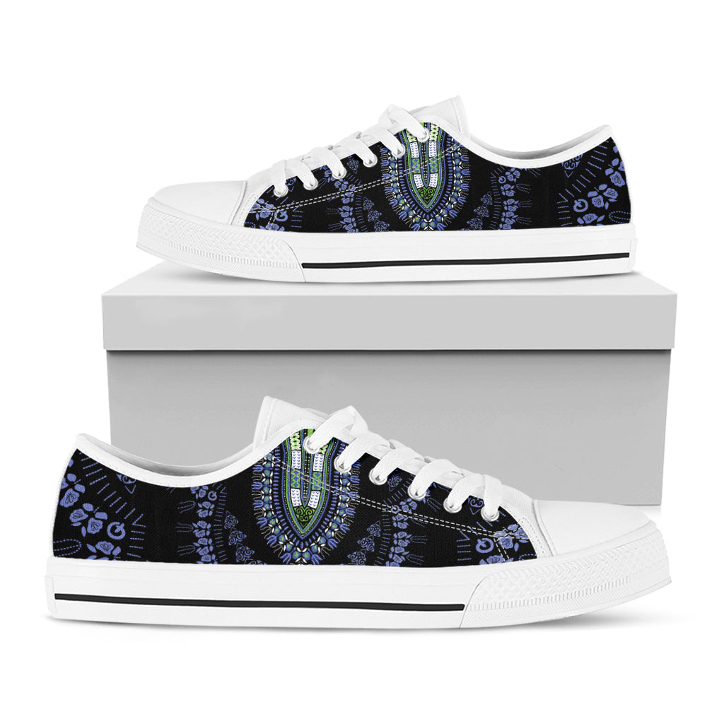 Blue And Black African Dashiki Print White Low Top Shoes