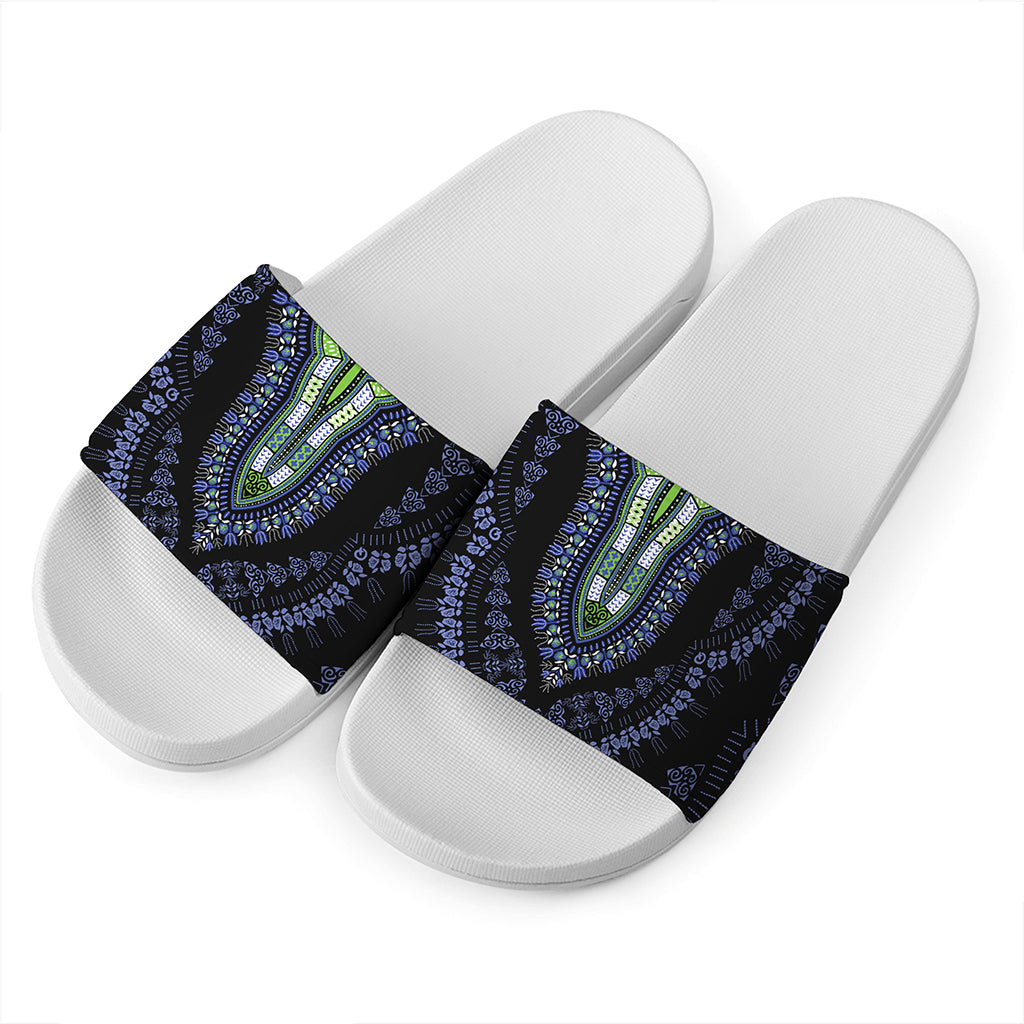 Blue And Black African Dashiki Print White Slide Sandals