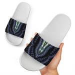 Blue And Black African Dashiki Print White Slide Sandals