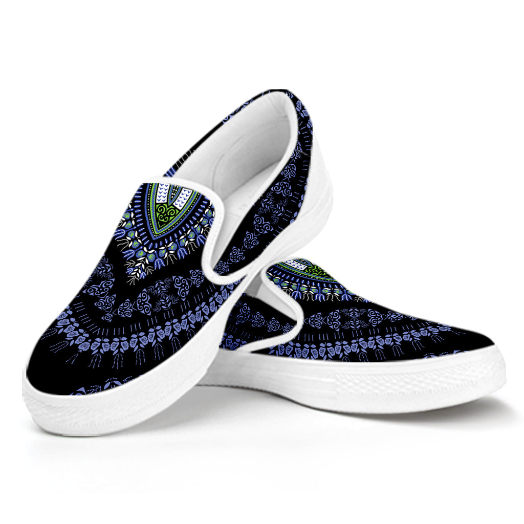 Blue And Black African Dashiki Print White Slip On Shoes