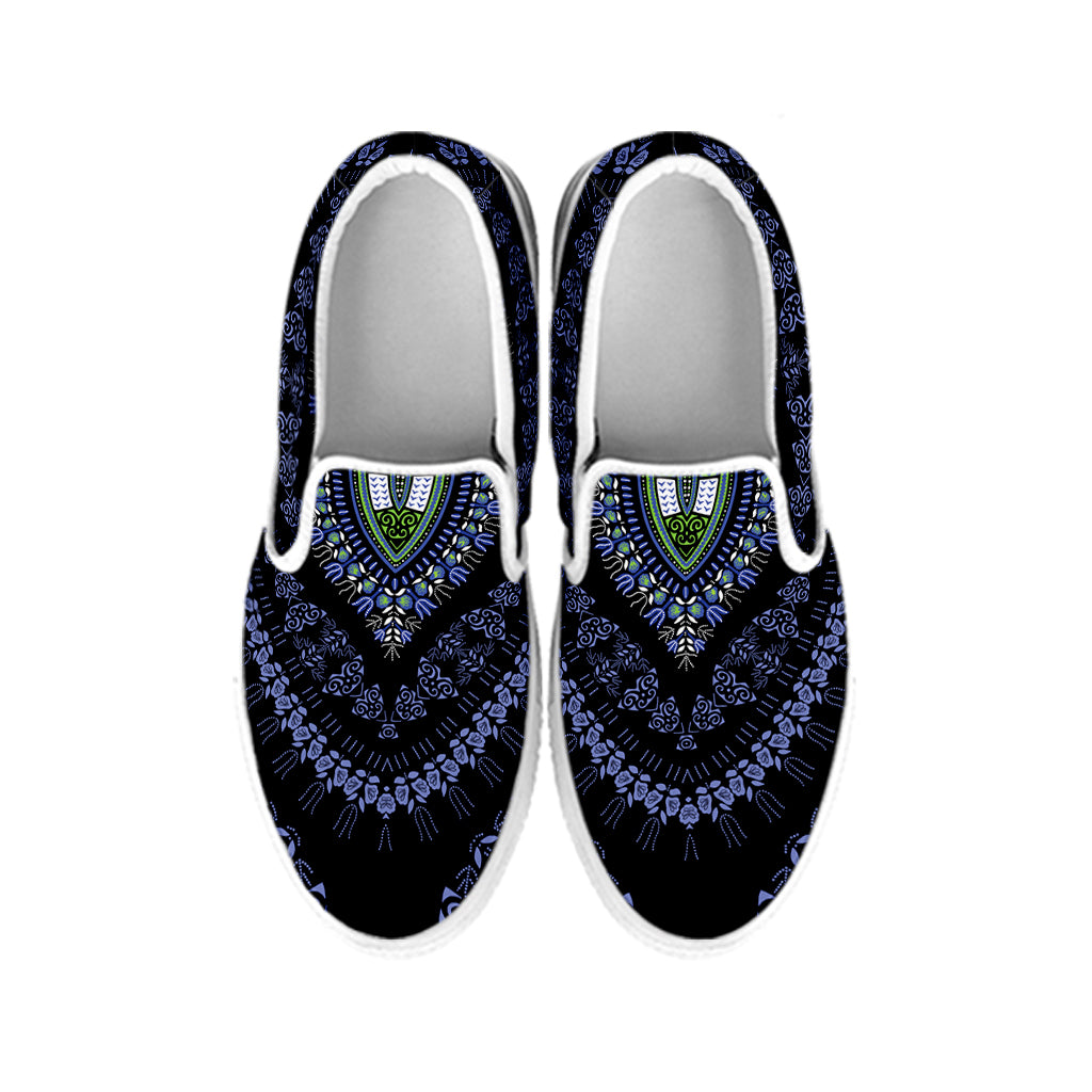 Blue And Black African Dashiki Print White Slip On Shoes