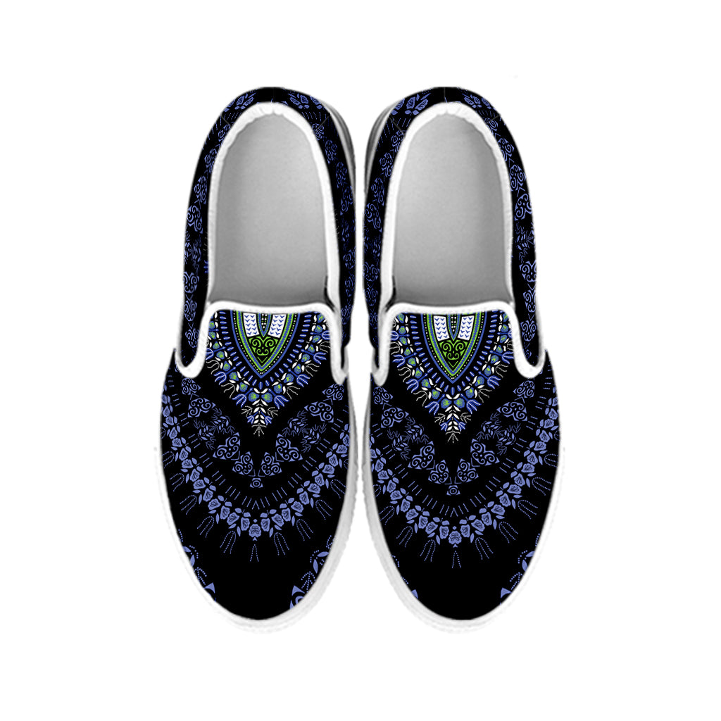 Blue And Black African Dashiki Print White Slip On Shoes