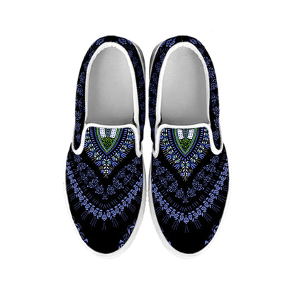 Blue And Black African Dashiki Print White Slip On Shoes