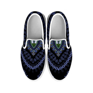 Blue And Black African Dashiki Print White Slip On Shoes