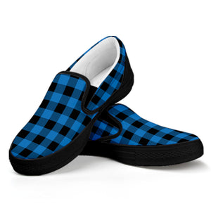 Blue And Black Buffalo Check Print Black Slip On Shoes