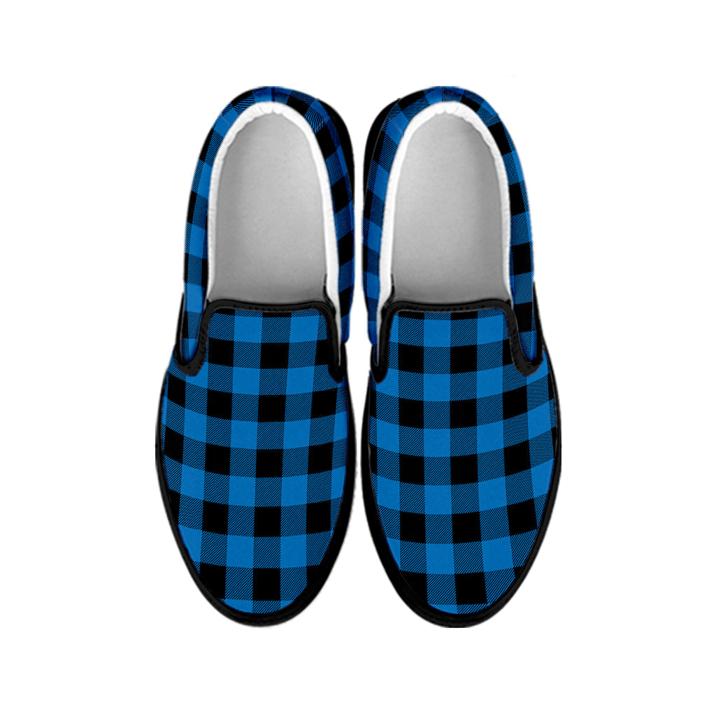 Blue And Black Buffalo Check Print Black Slip On Shoes