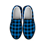 Blue And Black Buffalo Check Print Black Slip On Shoes