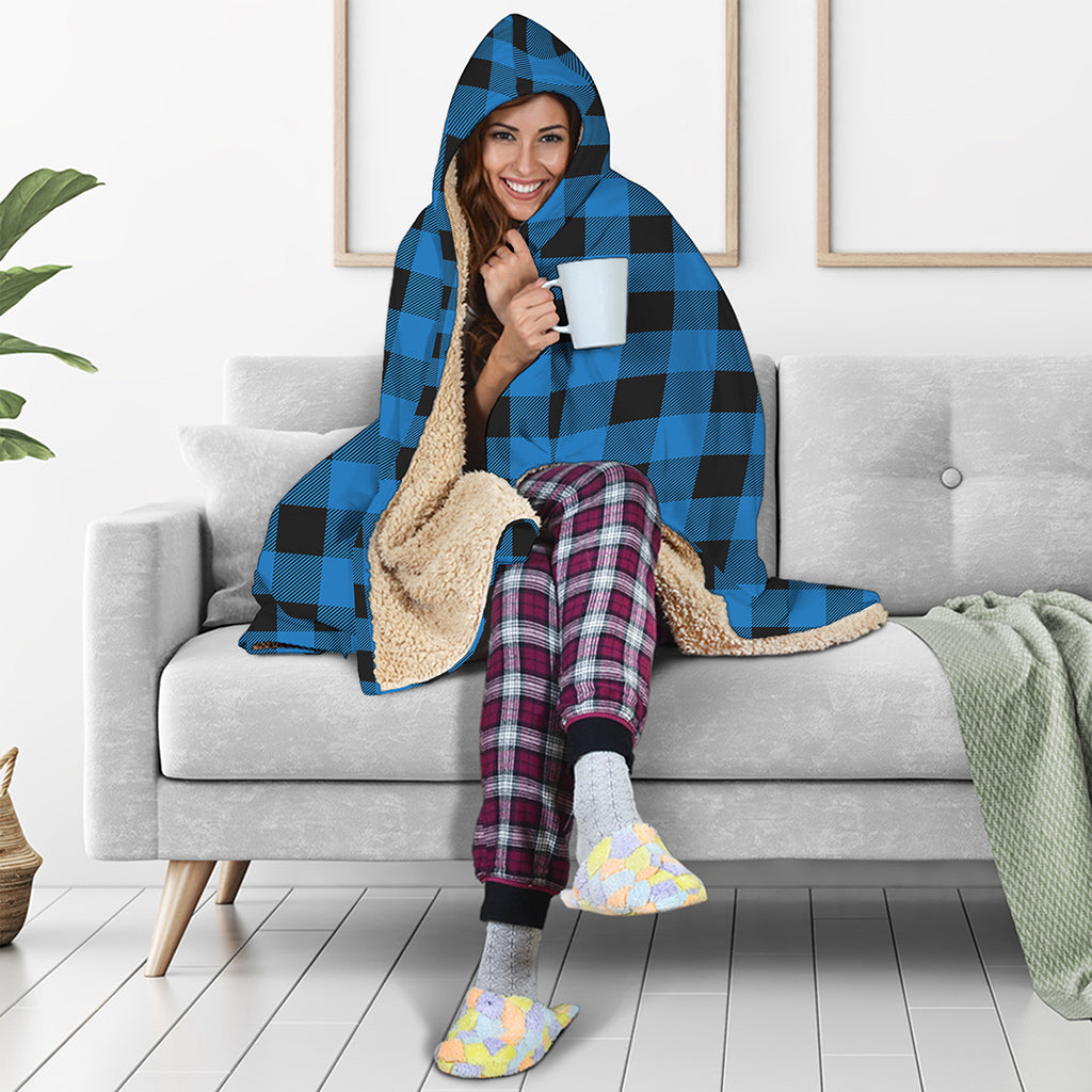 Blue And Black Buffalo Check Print Hooded Blanket