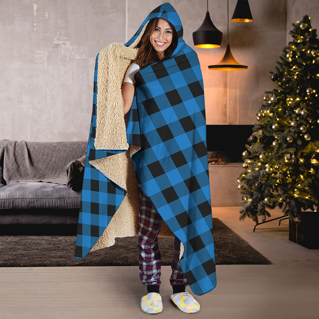 Blue And Black Buffalo Check Print Hooded Blanket