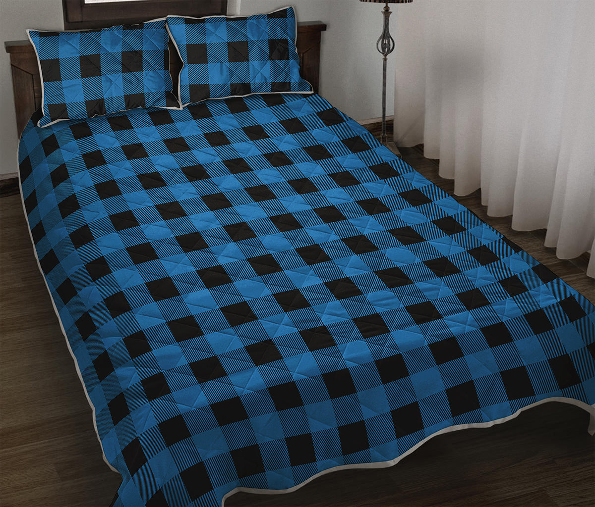 Blue And Black Buffalo Check Print Quilt Bed Set