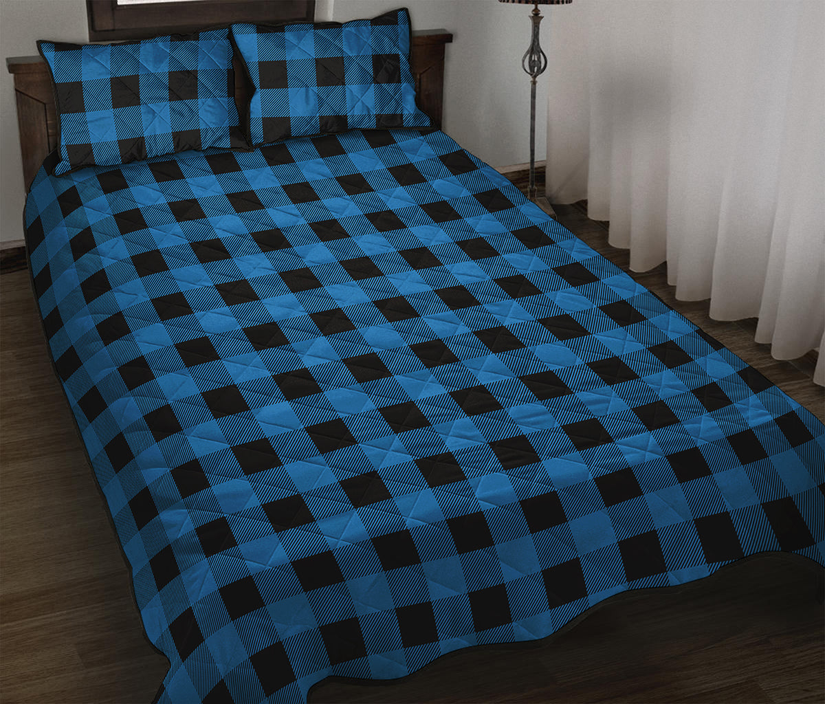 Blue And Black Buffalo Check Print Quilt Bed Set
