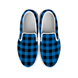 Blue And Black Buffalo Check Print White Slip On Shoes