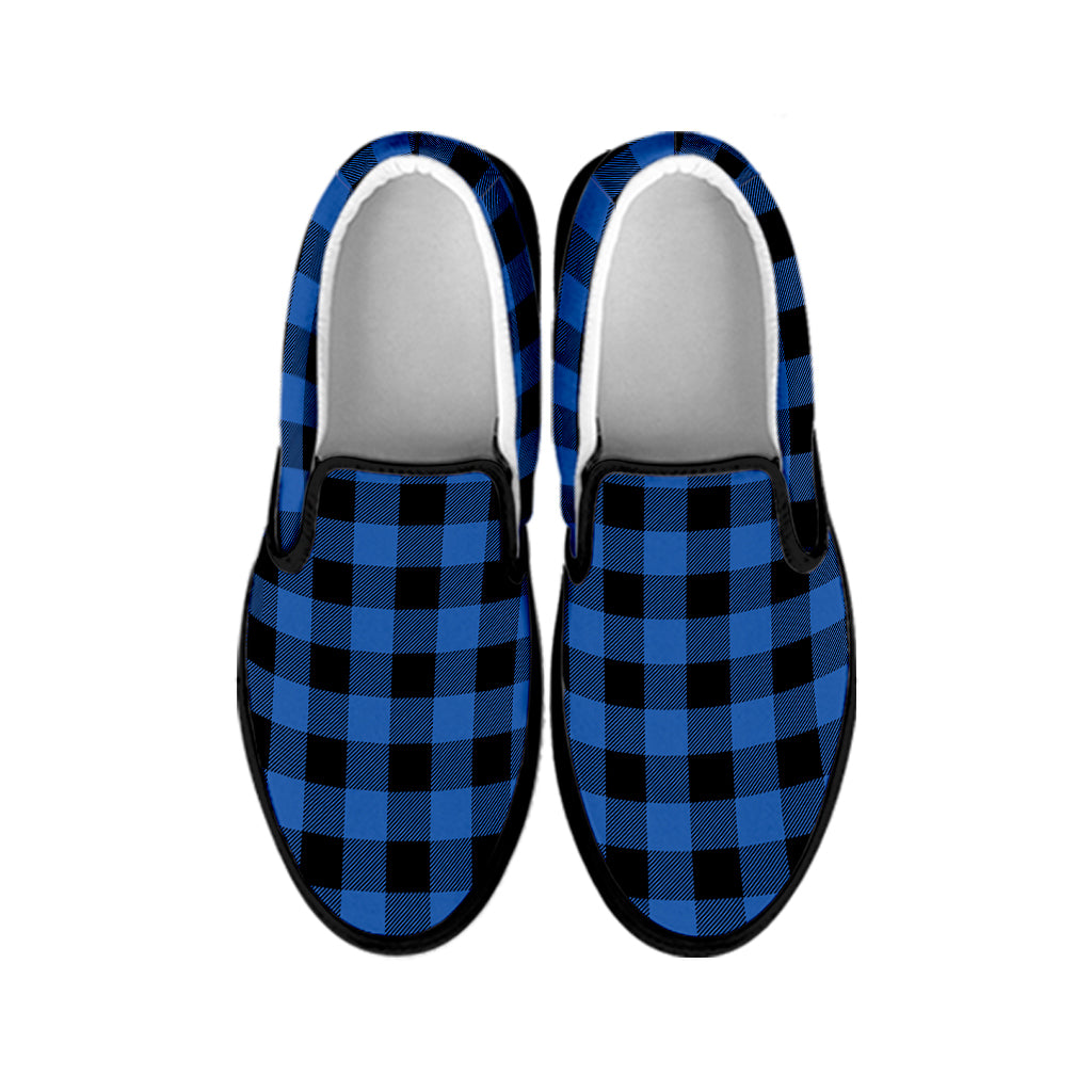 Blue And Black Buffalo Plaid Print Black Slip On Shoes