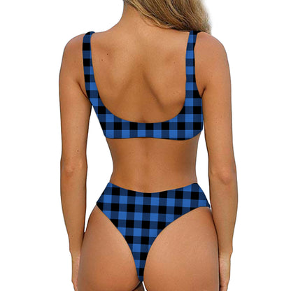 Blue And Black Buffalo Plaid Print Front Bow Tie Bikini