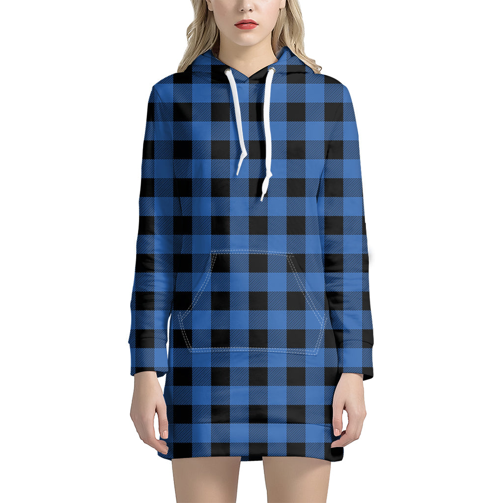 Blue And Black Buffalo Plaid Print Hoodie Dress