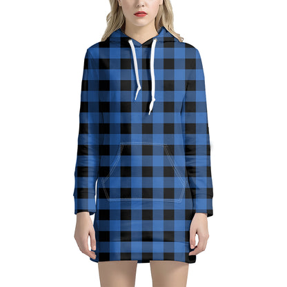 Blue And Black Buffalo Plaid Print Hoodie Dress