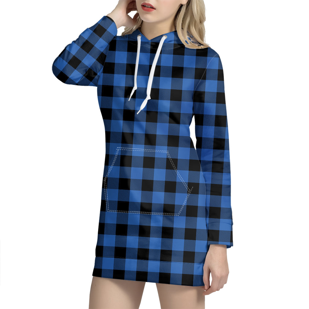 Blue And Black Buffalo Plaid Print Hoodie Dress