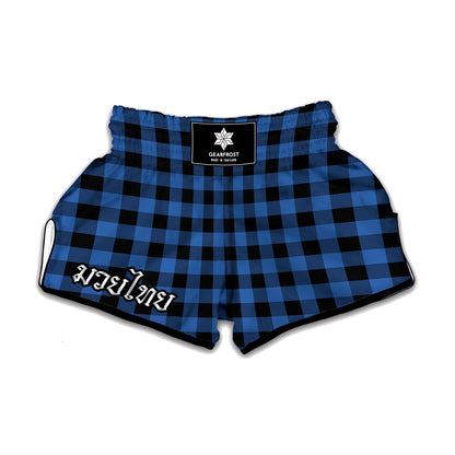 Blue And Black Buffalo Plaid Print Muay Thai Boxing Shorts