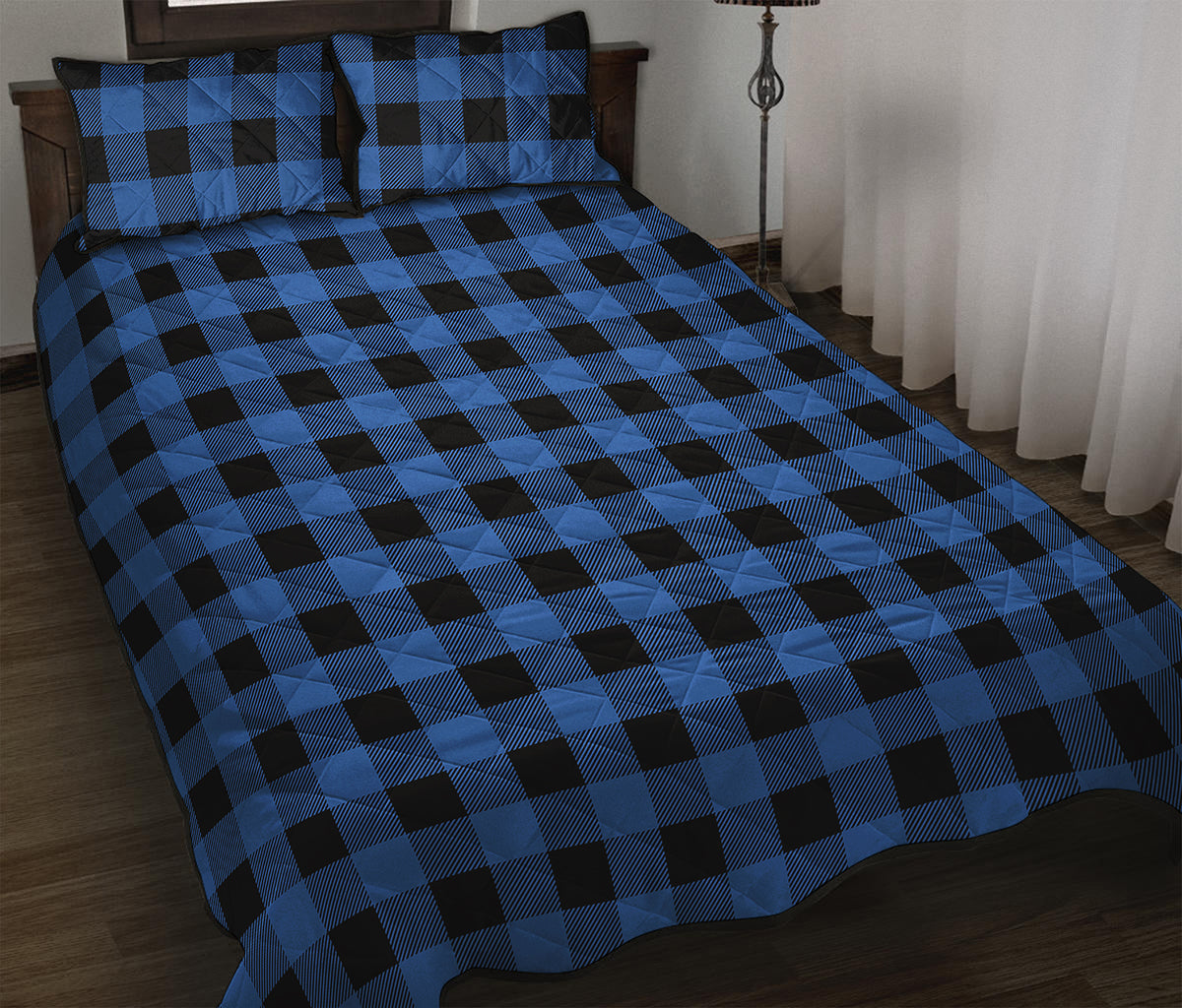 Blue And Black Buffalo Plaid Print Quilt Bed Set