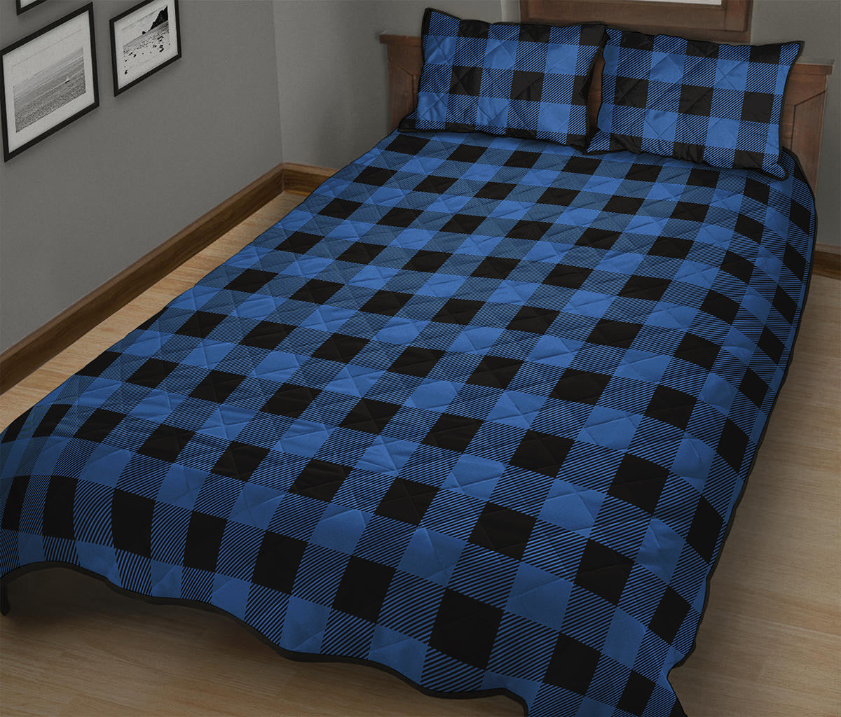 Blue And Black Buffalo Plaid Print Quilt Bed Set