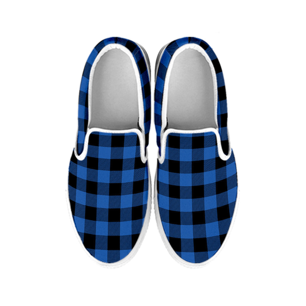 Blue And Black Buffalo Plaid Print White Slip On Shoes