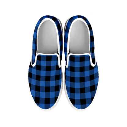 Blue And Black Buffalo Plaid Print White Slip On Shoes