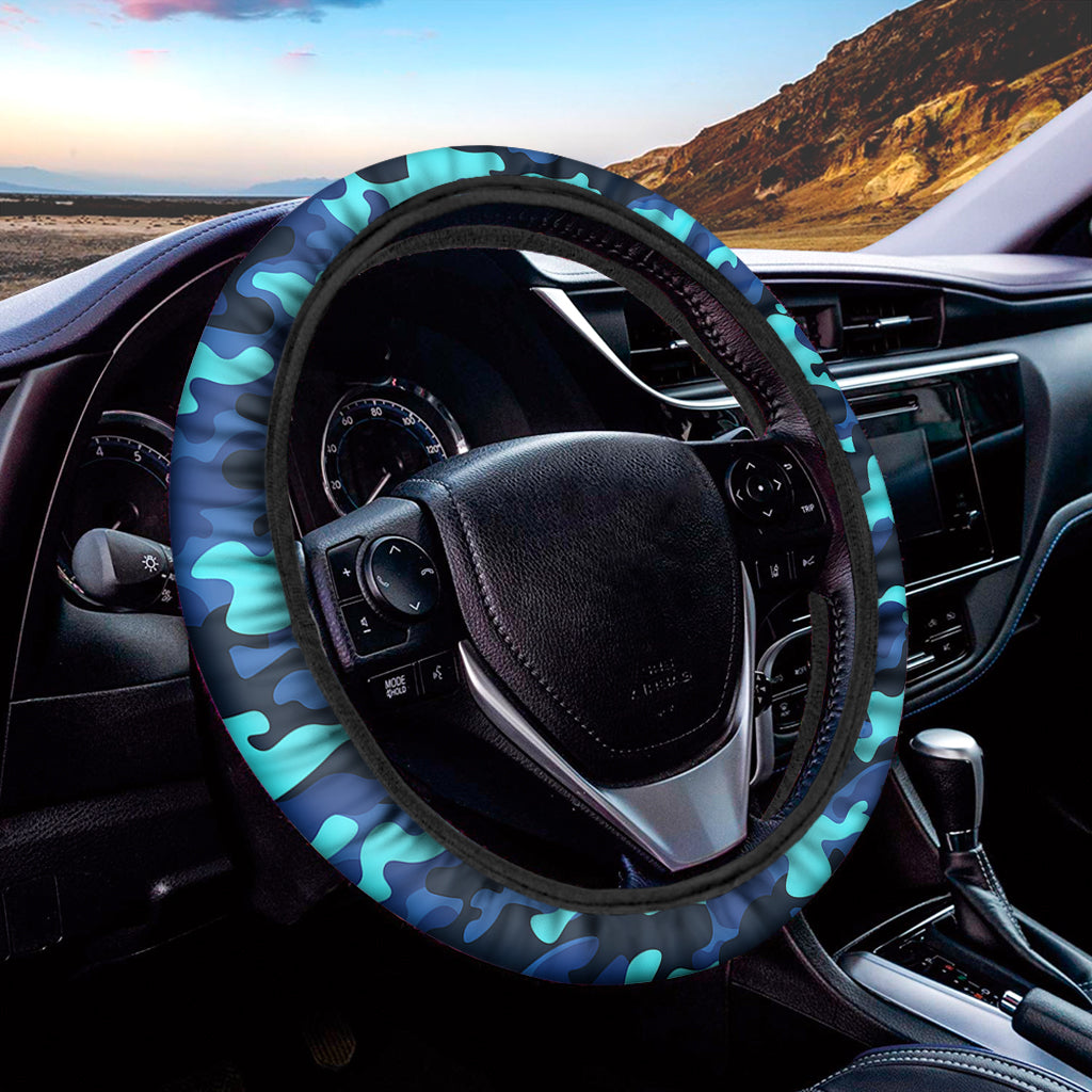 Blue And Black Camouflage Print Car Steering Wheel Cover