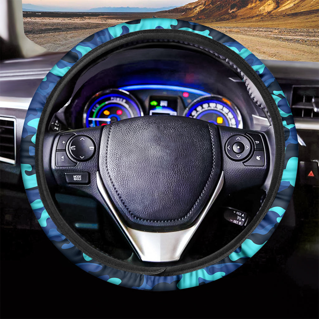 Blue And Black Camouflage Print Car Steering Wheel Cover