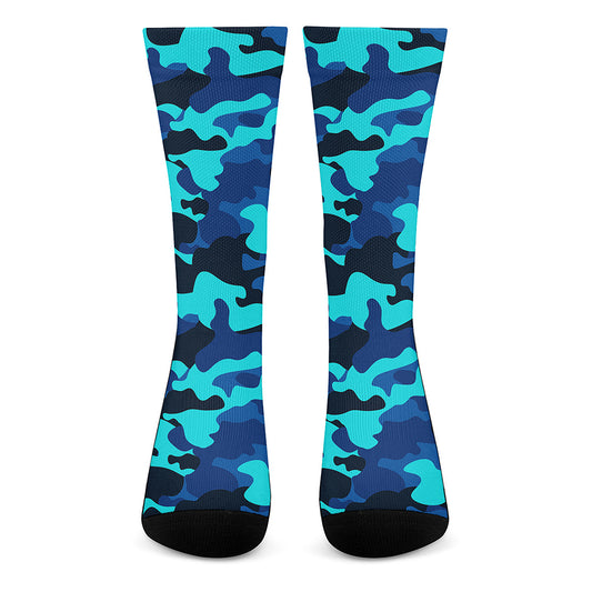 Blue And Black Camouflage Print Crew Socks