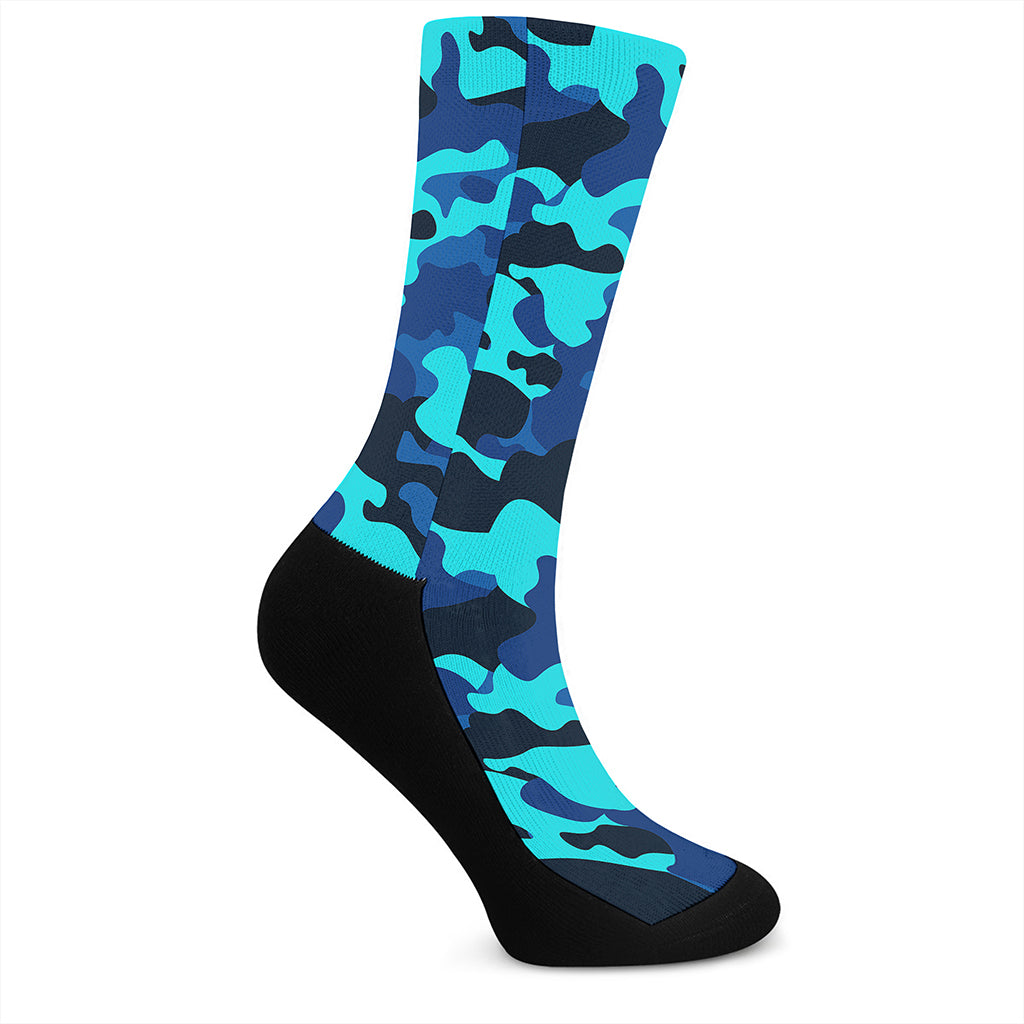 Blue And Black Camouflage Print Crew Socks