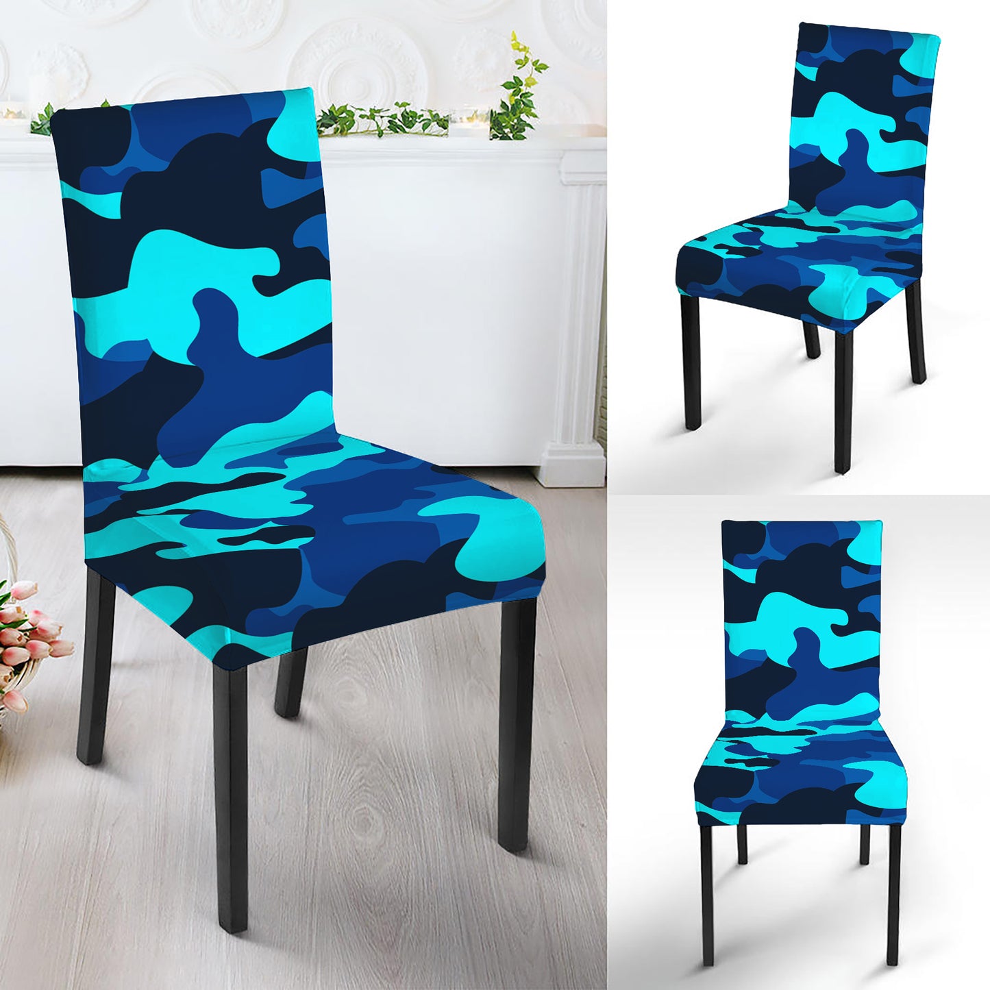 Blue And Black Camouflage Print Dining Chair Slipcover