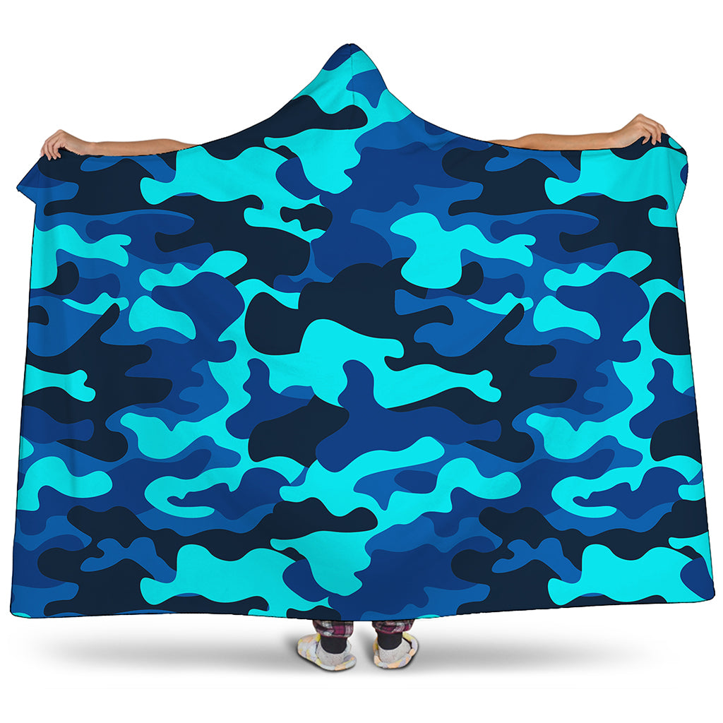 Blue And Black Camouflage Print Hooded Blanket