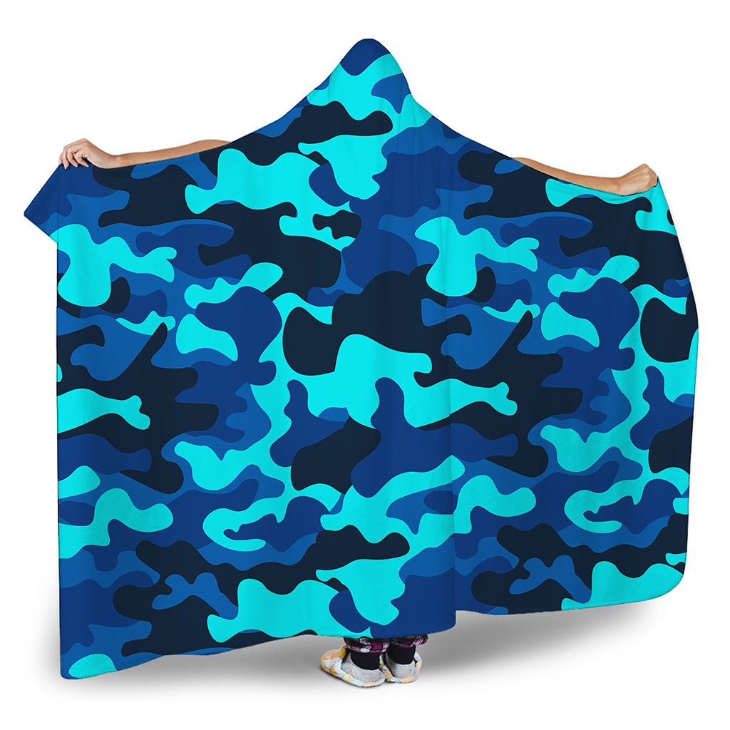 Blue And Black Camouflage Print Hooded Blanket